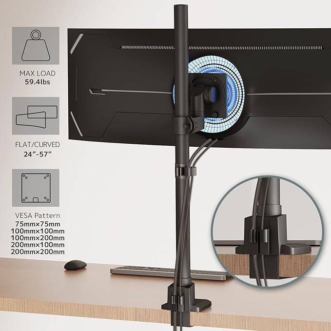 Heavy Duty Monitor-Arm Ultrawide for 24-57’’ - Extra Tall Aluminum Single Monitor Mount Holds up to 59.4 lbs, Adjustable Desk Mount Stand, VESA 75/100/200 mm, Black