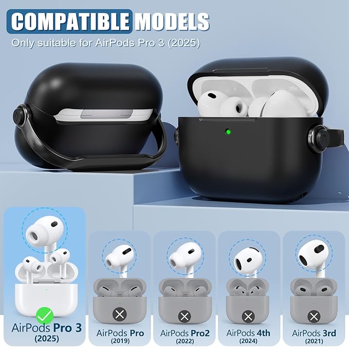 for Airpods Pro 3 Case,Safety Lock Cases for Apple Airpod Pro 3 (2025) with Cleaner Kit, Drop Protection Air pods Pro3 Case Cover for Men for Women with Keychain,Black