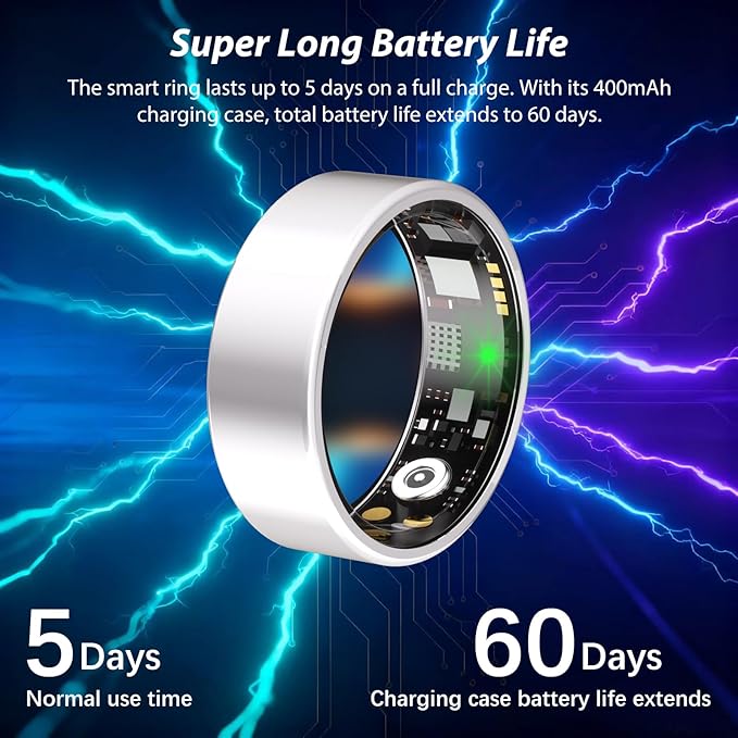 Smart Ring for Women Men Fitness Ring with Heart Rate, Blood Oxygen, Blood Pressure, sleep tracker, Step tracker, IP68 Waterproof health ring for iOS & Android,No Subscription Fee (Silver, 13#)