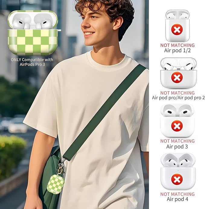 Compatible with AirPods Pro 3rd Generation 2025 Case Cover with Gold Keychain - Cute Protective Hard AirPod Pro 3 Cases for Women - Beige Green Checkered