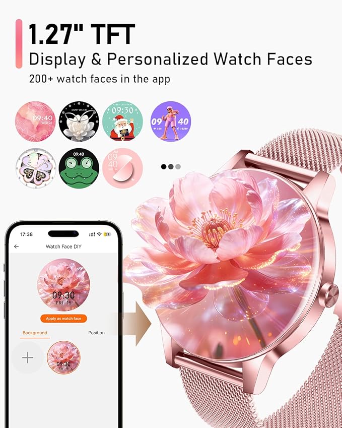 Smart Watch for Women, Answer/Make Call,1.27'' Touchscreen, 120+ Sports Modes Fitness Tracker, 24H Heart Rate/Sleep/Menstrual Cycle/IP68 Fitness Watch for Android iOS, 4 Straps (Pink)