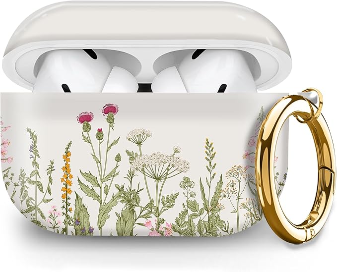 Cute Hard Case Compatible with AirPods Pro 2nd/1st Generation, Protective Cover with Golden Keychain, Fits 2023/2022/2019 Models, for Women, Girls, and Men(Cute Beige Flower