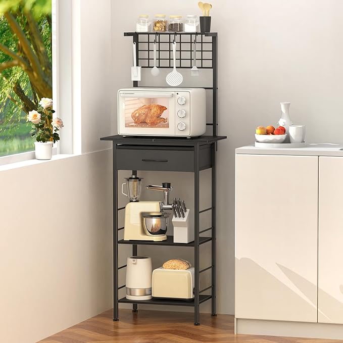 Coffee Bar Station,5 Tier Coffee Stand with Organizer Storage Drawers,Kitchen Corner Bakers Rack with 4 S-Shaped Hooks & Dual Wood,Kitchen Shelf for Small Spaces, Living Room,Entryway (Black)