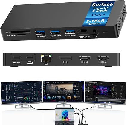 Surface Thunderbolt 4 Dock 13 in 1 Triple Displays Dual HDMI+DisplayPort