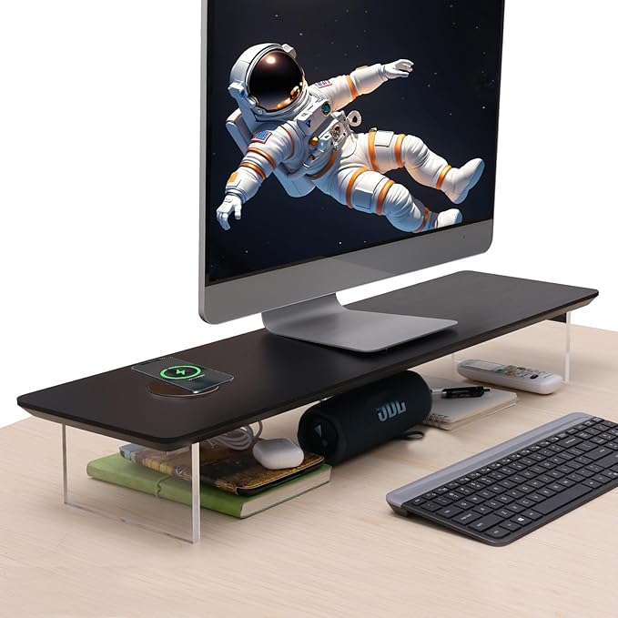SUIBIAN Black Monitor Stand Riser with Wireless Charging 31.5Inch Large, Computer Monitor Stand,Wooden Desktop Organizer Shelf for Office Desk Computer,Laptop,TV (Black Oak)
