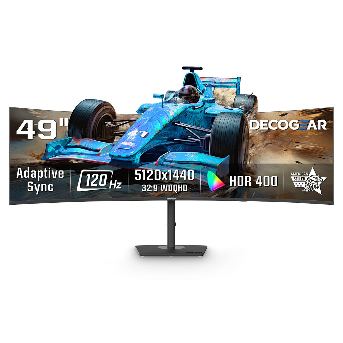 Deco Gear 49 Inch Curved Monitor, 5K2K Ultrawide WDQHD Screen 5120×1440, R1500, HDR400, 120Hz, 32:9 VA Panel, USB-C 65W PD, Adaptive Sync, PBP/PIP, KVM Switch, Built-in Speakers & Ergonomic Stand