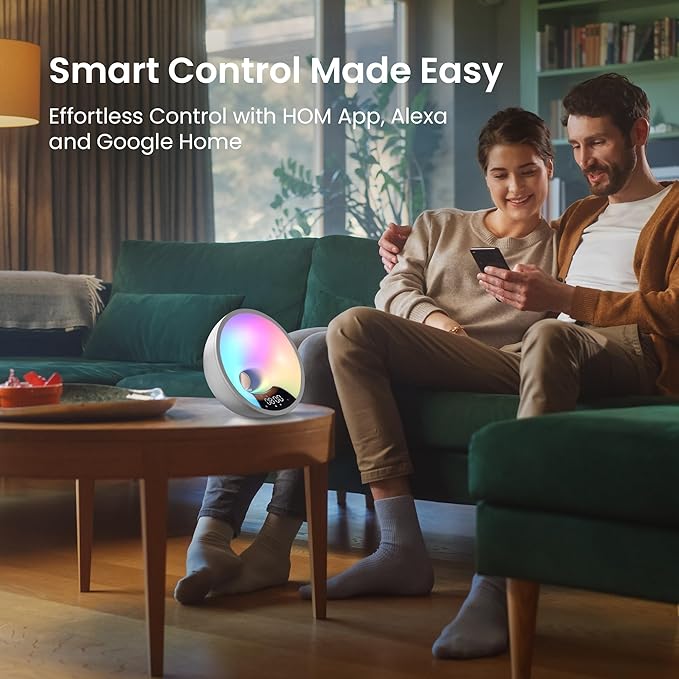 HOM Smart Sunrise Alarm Clock with Wake-Up Light & FM Radio - Digital Clock and Lamp with 7 Natural Sounds and 7 Light Colors - Easy Control via Amazon Alexa and Google Home