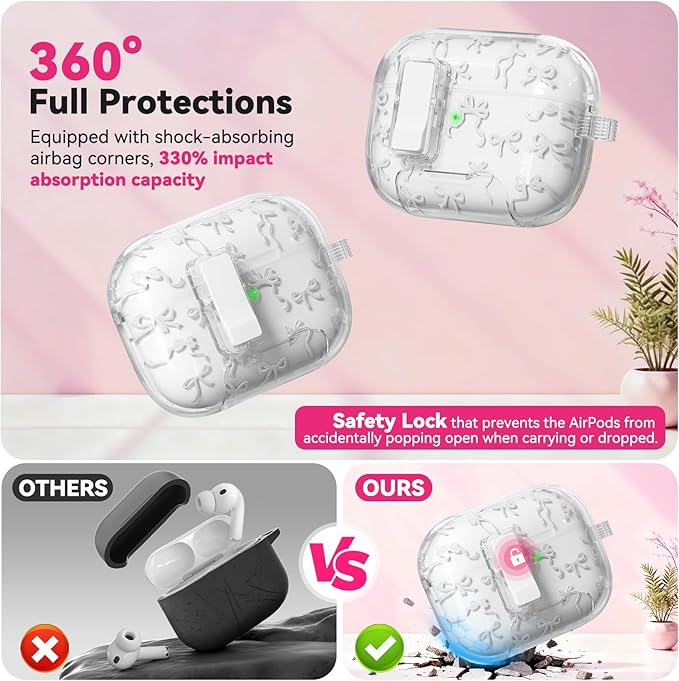 for AirPods Pro 3 Case with Secure Lock & Phone Stand, Bow-Print Clear Case for Apple AirPods Pro 3rd Generation 2025 Cover with Cleaner Keychain for Women Girly (White, Airpods Pro 3 (2025))