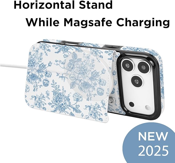 uCOLOR for iPhone 17 Pro 6.3" Wallet Case Magsafe with Card Holder Slot【Compatible with MagSafe】 Double Magnetic RFID Design with Camera Lens Protector (Blue Floral, iPhone 17 Pro)