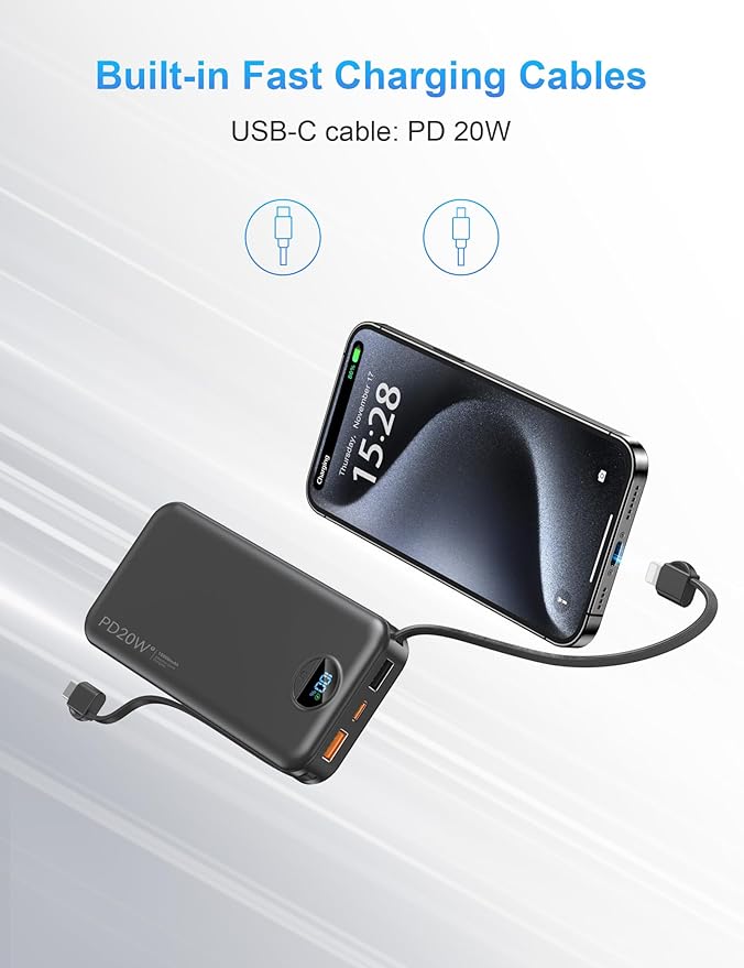 Portable Charger with Wall Plug, 10000mAh USB C Power Bank Fast Charging, External Battery Pack with Built in Cables, Digital Display, 5 Output 4 Input for iPhone Android Cell Phone Tablet