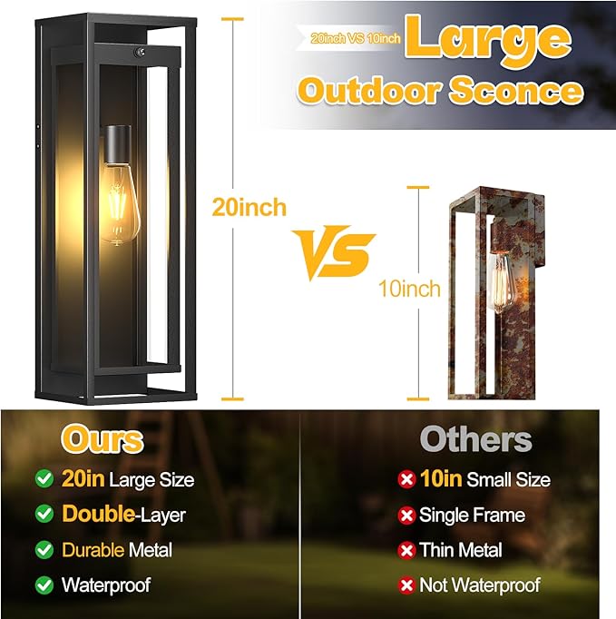 20in Outdoor Wall Light Dusk to Dawn-Black Modern Sconce Waterproof Exterior Lighting Fixture E26 Socket Porch Lights Extra Large Lantern for Entryway Patio House Garage (2Pack)
