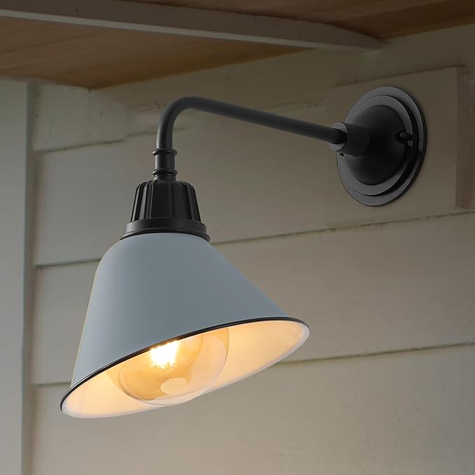 JONATHAN Y JYL7612K Croydon 9.63" 1-Light Farmhouse Industrial Indoor/Outdoor Iron LED Gooseneck Arm Outdoor Sconce for Entryway Lobby Kitchen Bathroom Bedroom Living Room Hallway, Matte Silver Blue