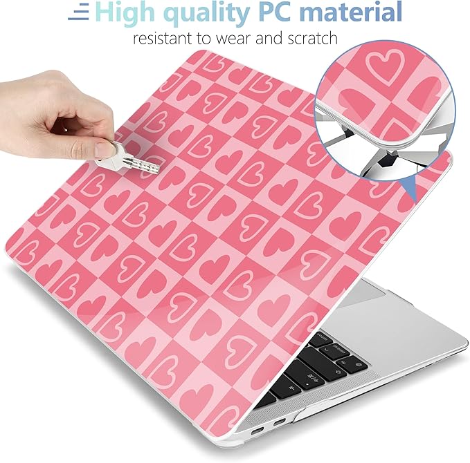 MEEgoodo for MacBook Air 13.3 inch Case 2021 2020 2019 2018 A2337 M1 A2179 A1932, Laptop Shell for MacBook Air M1 with Keyboard Webcam Cover & Trackpad Film & Type C Adapter,Hearts & Pink Checkered