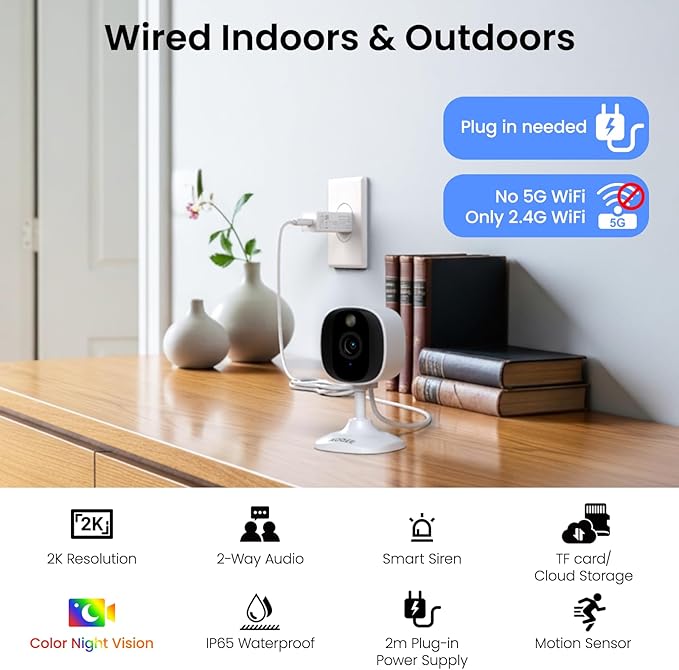 2K Cameras for Home Security-Outdoor/Indoor Camera for Dog/Cat/Pet/Nanny/Baby/Elderly, Color Night Vision, White Light, Siren, 24/7 SD Recordings, Works with Alexa, Plug in (C1-White-3pack-2.4G)