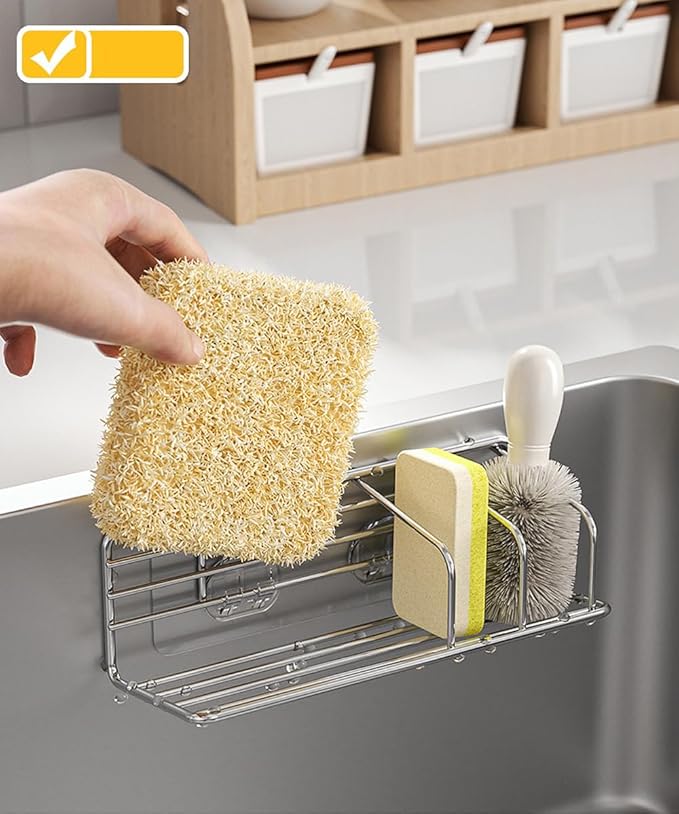 Adhesive Sponge Holder for Kitchen Sink, Stainless Steel Kitchen Brush Holder Soap Rack Sink Stopper Rack Sponge Caddy