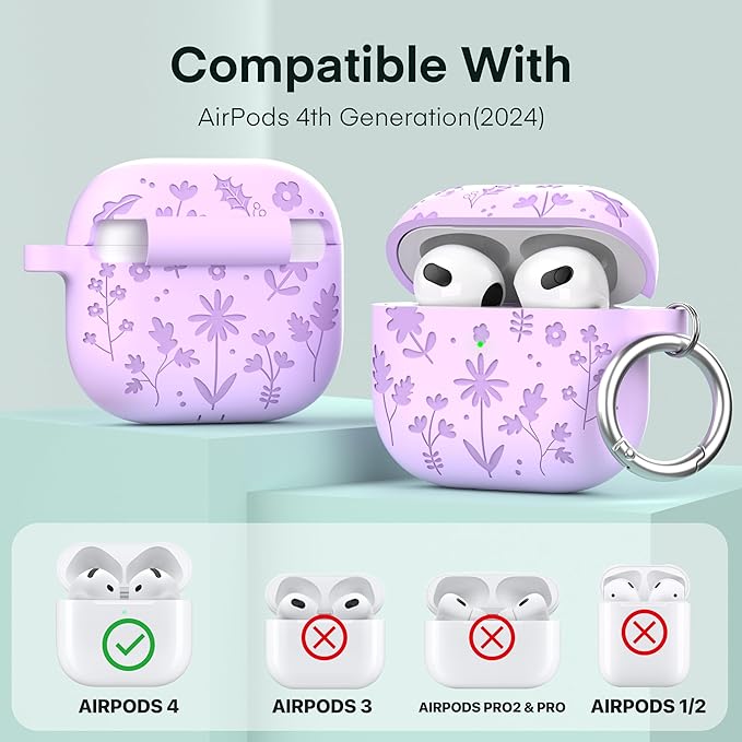 Maxjoy for AirPods 4 Case, Engraved Silicone Cute AirPod 4 Case for Women Men Protective iPod 4 Cover with Keychain Cleaning Kit for AirPod 4th Generation Cover 2024, Purple