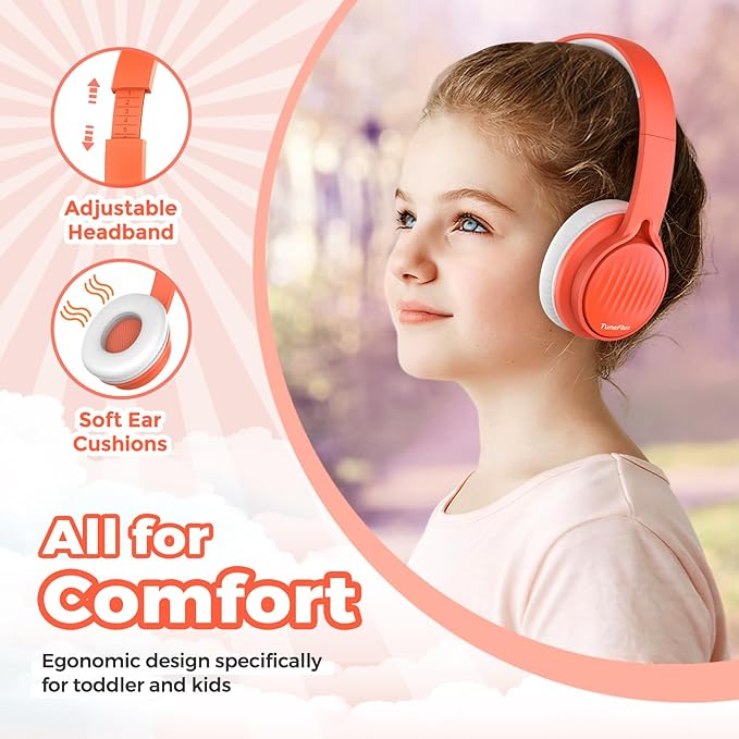 TuneFlux Upgraded Kids Headphones, Wired Toddler Headsets, 85dB Limited Volume On Ear Headphones, Portable Foldable Design, Stereo Sound Kids Headsets for School/Tablet/Travel-Orange