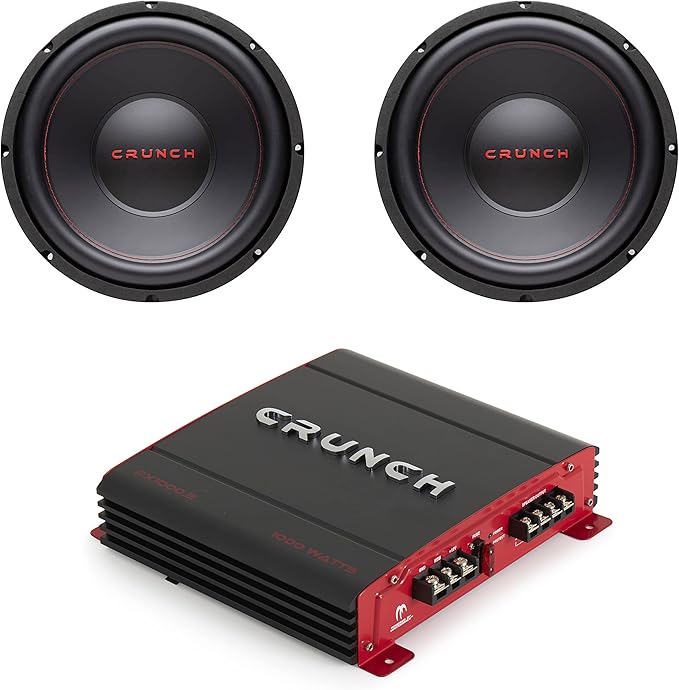 Crunch CRW12D4 12 Inch 800 Watt MAX 4 Ohm Dual Voice Coil Car Subwoofer Speaker with 2 Channel 1000 Watt Amp A/B Class Car Audio Stereo Amplifier