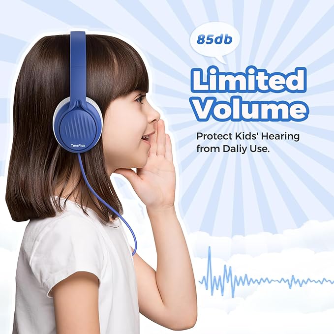 TuneFlux Upgraded Kids Headphones, Wired Toddler Headsets, 85dB Limited Volume On Ear Headphones, Portable Foldable Design, Stereo Sound Kids Headsets for School/Tablet/Travel-Sapphire Blue