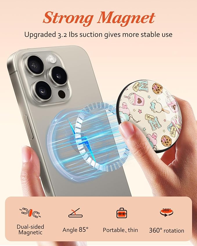 Kidcube Magnetic Phone Grip Compatible with Magsafe - Cell Phone Grip Stand Magnetic Ring Holder Finger Kickstand for iPhone 17 16 15 14 13 12 Series Magnet Removable Accessories Cute Kawaii Cartoon