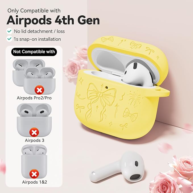 for Airpods 4 Case Cover, Joremx Cute Bow Engraved Silicone Protective Case Cover with Keychain, Cleaner Kit for AirPods 4th Generation Case 2024 (Yellow)