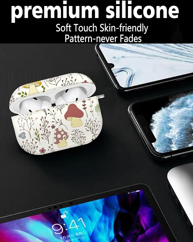Compatible with Airpod pro 2nd/1st Generation Case Cover with Gold Round Keychain Cute Pattern Hard & Anti Slip Cover for Men Women & Girls(Boho Mushroom)