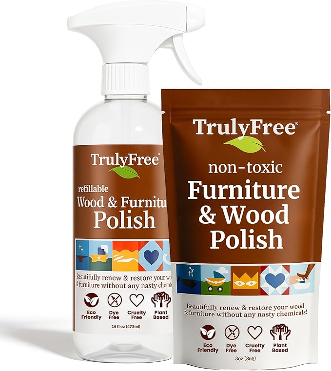 Truly Free Natural Wood Cleaner & Furniture Polish - Leather Cleaner, Vinyl, Furniture & Wood Polish, Helps Remove Water Stain, Unscented - Includes: 1 Refillable Empty 12oz Bottle & 1 Refill(3 fl oz)