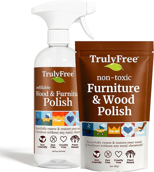 Truly Free Natural Wood Cleaner & Furniture Polish - Leather Cleaner, Vinyl, Furniture & Wood Polish, Helps Remove Water Stain, Unscented - Includes: 1 Refillable Empty 12oz Bottle & 1 Refill(3 fl oz)