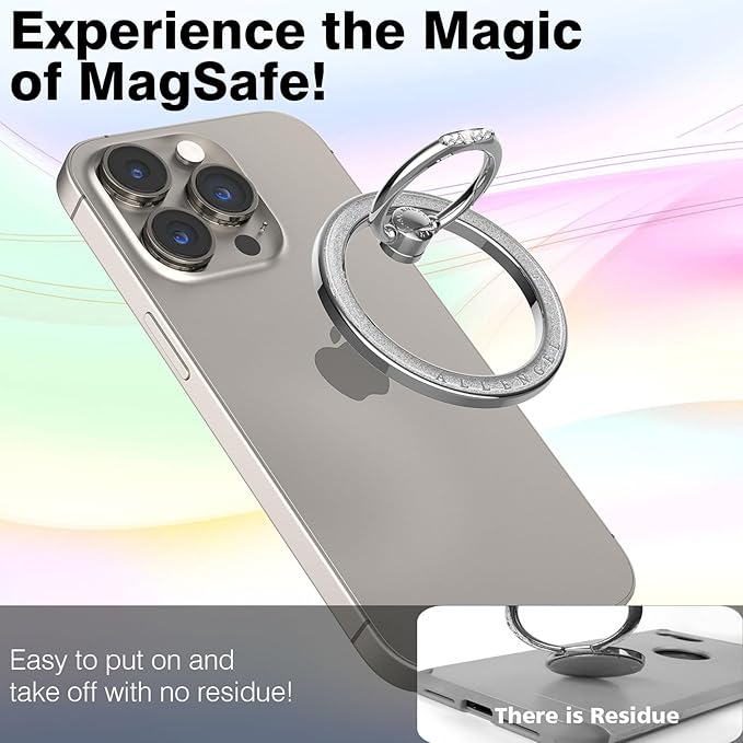 Allengel Magnetic Phone Grip for MagSafe, Magnetic Ring Holder Compatible with MagSafe Phone Ring, 360°Rotating Finger Kickstand for iPhone 16 Pro Max 15 14 13 12 Plus & Android Phone(Bling Silver)
