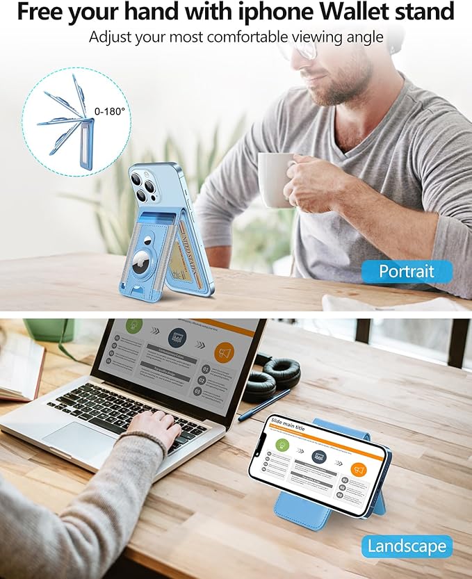 ExtreLife for Magsafe Wallet with Airtag Holder, Magnetic Wallet for iPhone 16/15/14/13/12 Series, 9-Card Holder, Open ID Window, Adjustable Stand, RFID Blocking, Light Sky Blue