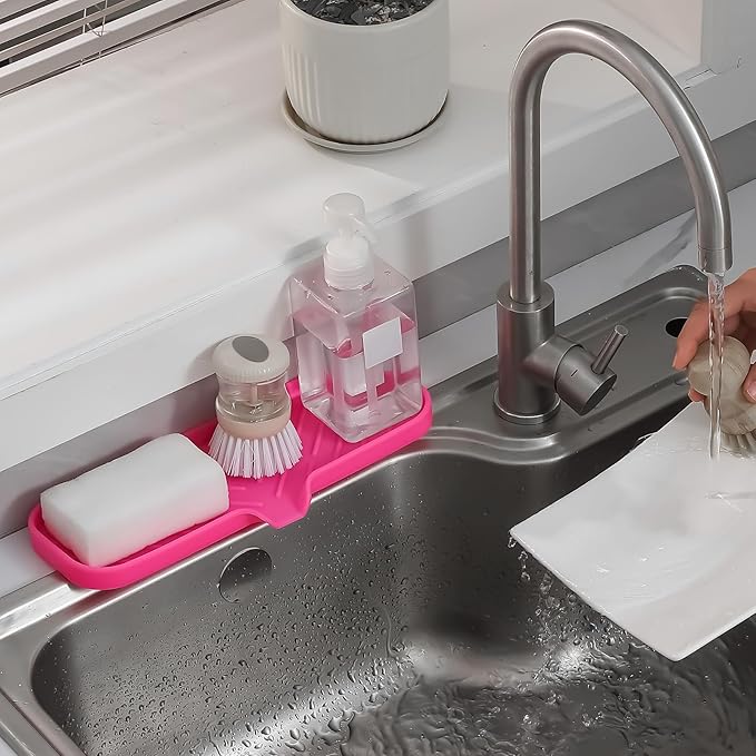 Silicone Bathroom Soap Dishes with Drain Spout-Bathroom and Kitchen Sink Organizer,Sponge Holder,Dish Soap Tray,Perfect for Dispenser,Scrubber,Bottle,Cup on Sink or Counter-Rose 12"×4"