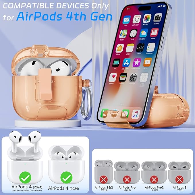 for AirPods 4 Case with Phone Stand & Safety Lock, Auto-Open Clear AirPod Case Compatible with Apple AirPods 4th Gen 2024, Anti-Scratch & Shockproof Protective Cover with Cleaning Kit & Keychain