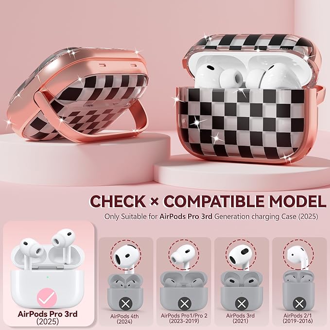 Inesore for AirPods Pro 3 Case 2025 with Lock, for Women Girly Floral Cute Case Compatible with Apple Airpods Pro 3rd Generation Cover, with Phone Stand,Keychain & Cleaner Kit- Checkerboard