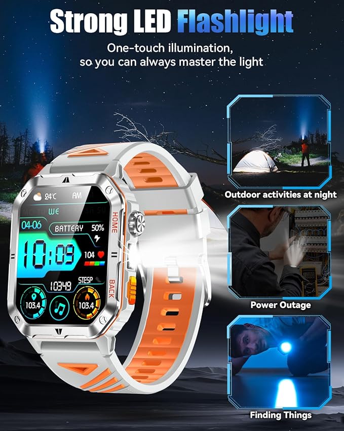Military Smarty Watch for Men, 2.01" Smartwatch with 1200mAh Battery, Flashlight, Answer/Make Calls, Heart Rate/Sleep Monitor 100+ Sport Modes Fitness Tracker for Android/iPhone