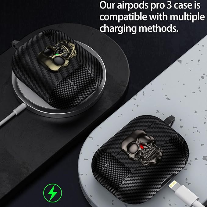 for Hard AirPods Pro 3 Case 2025|Funny 3D Skull Air Pods Pro 3 Case with Lock(Model A2700/A2931)|with Keychain|Halloween Cool Carbon Fiber Airpods 3 Pro Cases for Man Women(Black)