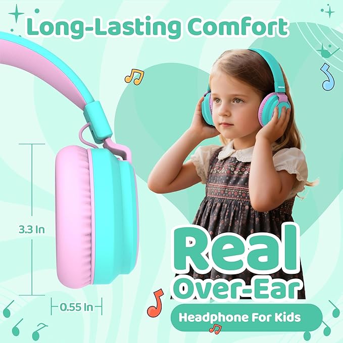 MIDOLA Kids Headphones Wireless Bluetooth 5.4 68H Play Time Volume Limit 85/94dB Over-Ear Foldable Headset,Type-C Fast Charging,with Wired Aux Mic for Toddler Boy Girl Pad Tablet Cyan