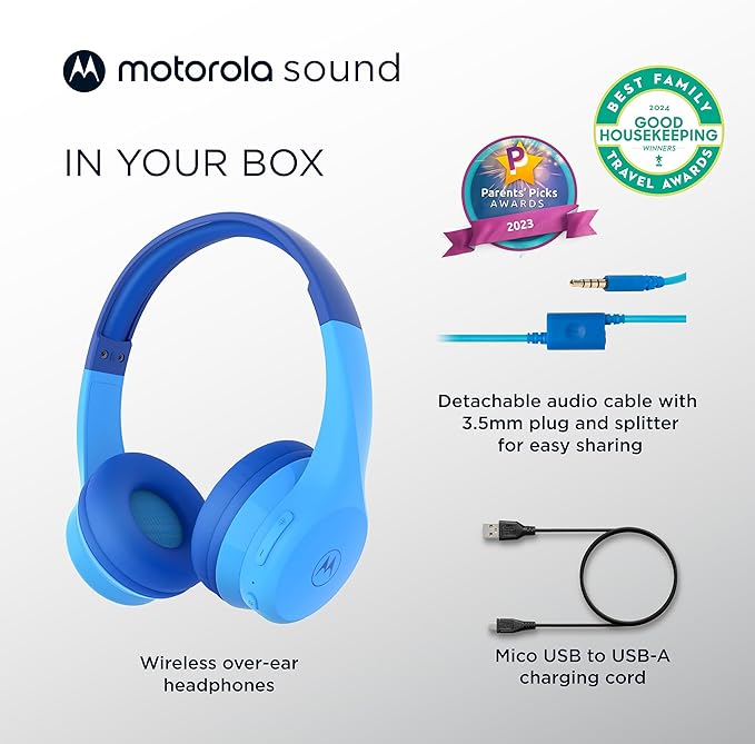 Motorola Sound JR300 Bluetooth Wireless Toddler Headphones with Microphone - Over Ear Kids Bluetooth Headphones with Safe Volume Limit 85dB, Audio Splitter for School, Home - Blue