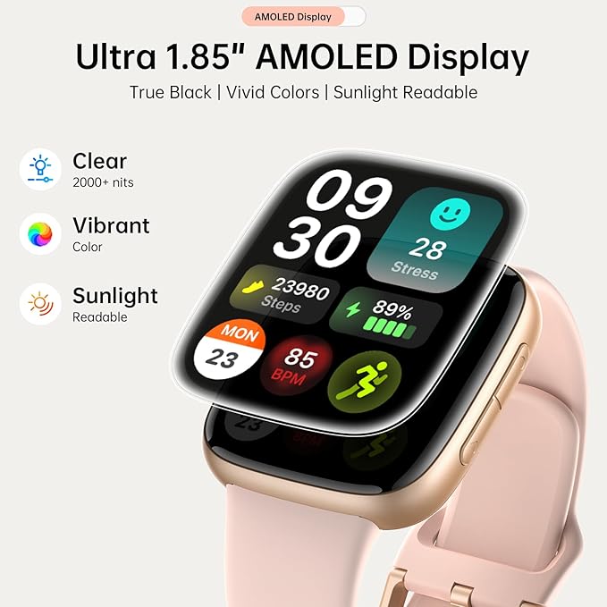 Smart Watches for Women, 1.85" HD AMOLED Display, 2 Bands Included, Works with iPhone & Android, 12-Day Battery, 3ATM Waterproof, Bluetooth Call, Health & Fitness Tracker, Pink