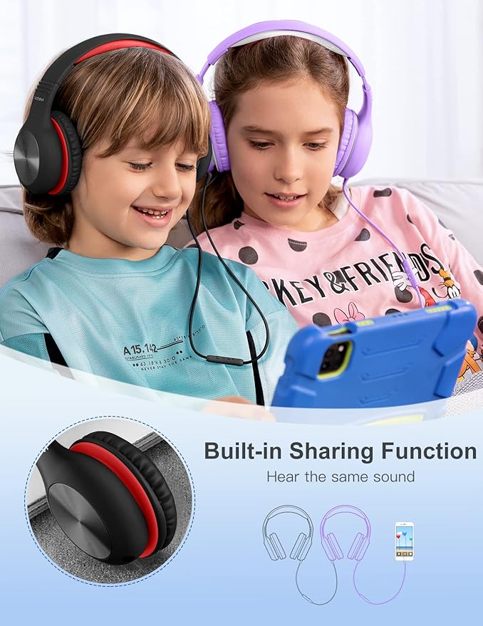 Headphones for Kids for School, Kids Headphones with Microphone, Sharing Function, 85dB/94dB Safe Volume Limit, HD Sound, Over Ear Kid Headphone for School, On-line Study, Travel, Red