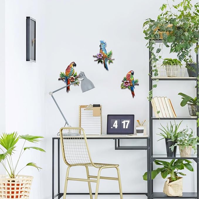 Voumsil 3 Pieces Parrot Metal Wall Art Decor Tropical Bird Hanging Outdoor Decor for Patio Balcony Garden Fence Art Living Bedroom Wall Sculpture Indoor Outdoor…