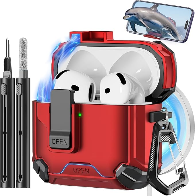 Compatible with AirPods 4 Case,Magnetic Automatic Lock with Phone Stand & Cleaning Kit,Compatible with Magsafe Cover -Red