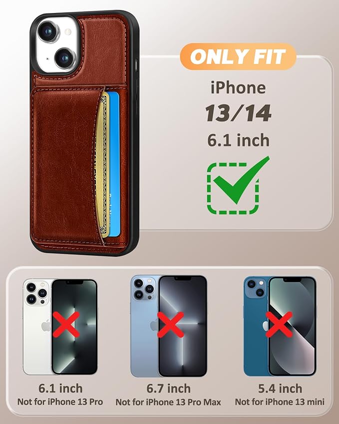 for iPhone 14/13 Case with Wallet - Fits 4 Card Slots, Compatible with MagSafe for Women Men Durable PU Leather Credit Card Holder Kickstand Phone Cover for Apple 14/13, Brown