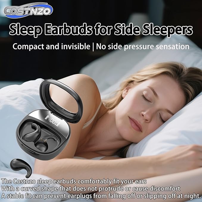 Sleep Earbuds for Side Sleepers - Noise Cancelling Headphones with Sleep Mode, Non-in Ear Design for Pain-Free All Night Comfort (Black)