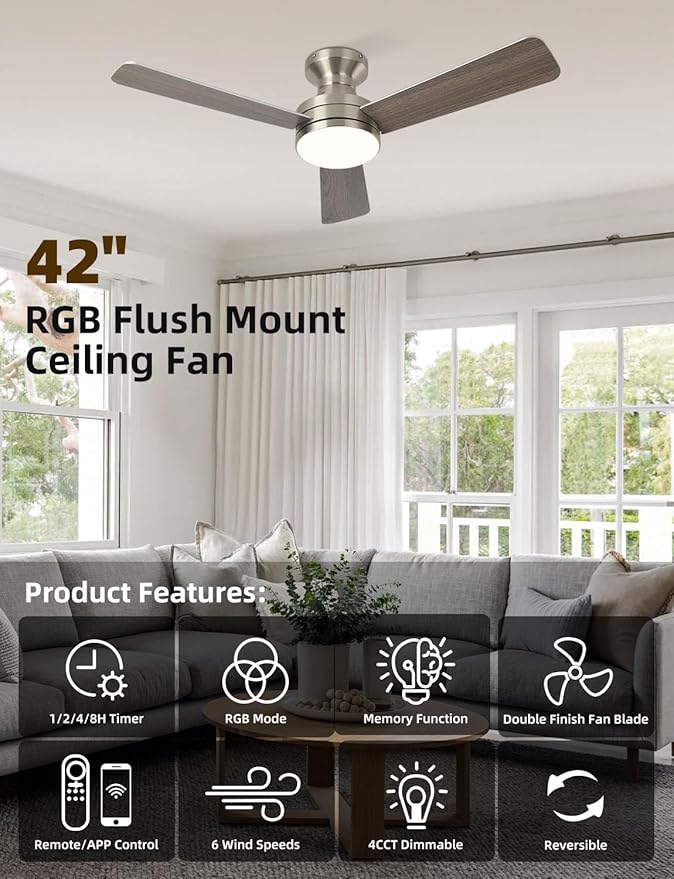 42 inch RGB Ceiling Fan with Light, Smart App & Remote Control Low Profile Flush Mount, Music Sync Lighting, 6-Speed Quiet Reversible DC Motor, 4CCT Dimmable for Home Office Party