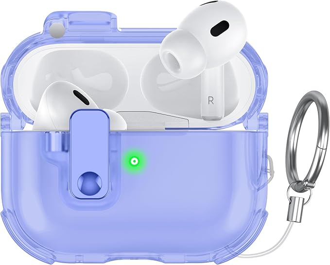 Clear Case for AirPods Pro 2 Case Cover with Lock Safety&Pop Up [Military Shockproof] Anti-Yellow Transparent Wireless Charging for AirPods Pro 2nd/1st Generation Case with Keychain,Clear Blue