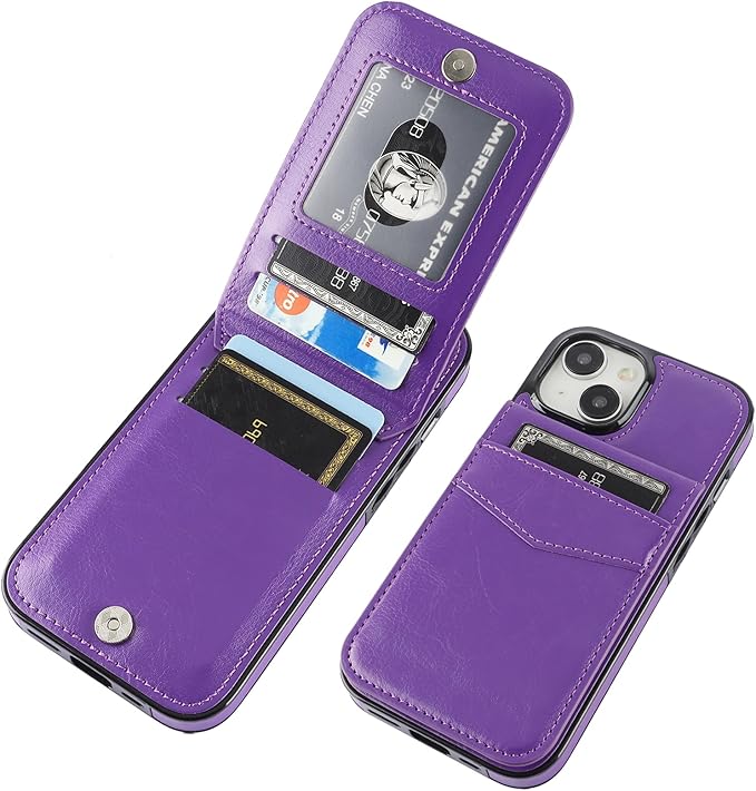 KIHUWEY Compatible with iPhone 15 Case Wallet with Credit Card Holder, Flip Premium Leather Magnetic Clasp Kickstand Heavy Duty Protective Cover for iPhone 15 6.1 Inch (Dark Purple)