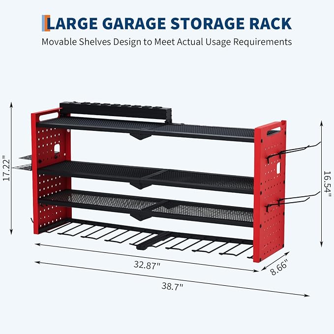 Power Tool Organizer, Drill Holder Wall Mount with Charging Station, Heavy Duty 4-Layer Garage Rack Metal Loads 400Lbs, 8 Drill Storage Shelf with Hooks, Drill Bit Shelf Battery Storage for Garage