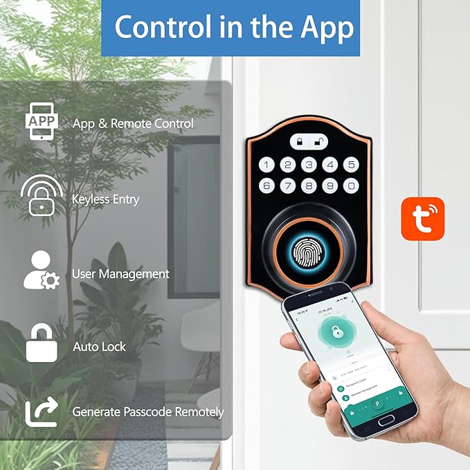 Fingerprint Smart Door Lock Keyless Entry, Keyless Entry Door Lock with Keypad, App Control, Auto Lock, Easy to Install, Smart Deadbolt for Home, Airbnb, Apartment (Antique Bronze)