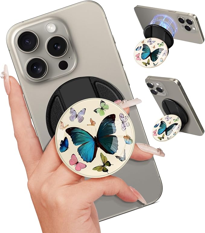 Kidcube Magnetic Phone Grip Compatible with Magsafe - Cell Phone Grip Stand Ring Holder Magnet Kickstand Removable Accessories for iPhone 16 Pro Max/16/15/14/13/12 Series Girls Cute Girly Butterfly