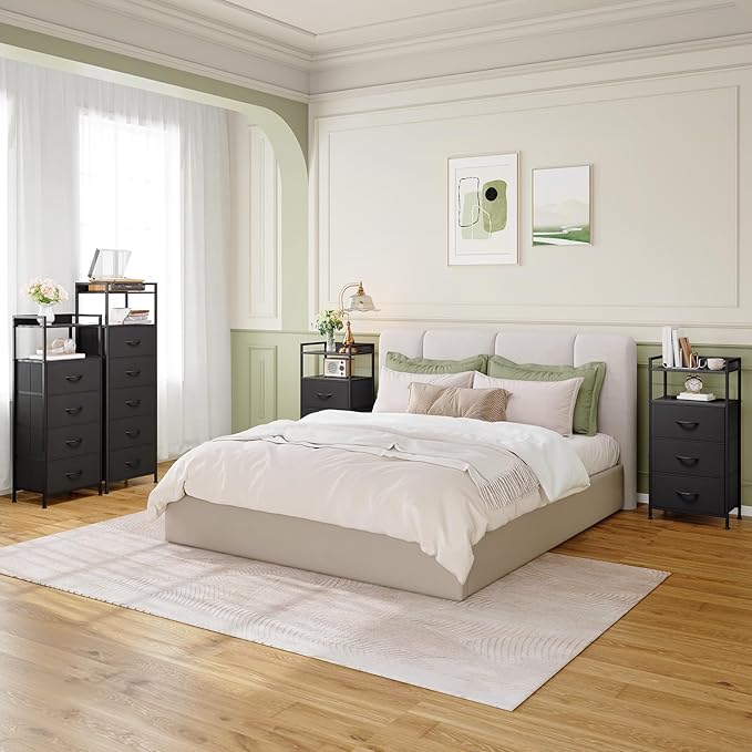 Somdot Nightstand with 3 Drawers, Dresser with Fabric Bins for Bedroom, Hallway, Entryway, Nightstand Bedside Table Furniture, Sturdy Steel Frame, Wooden Top, Easy Pull Fabric Bins, Black